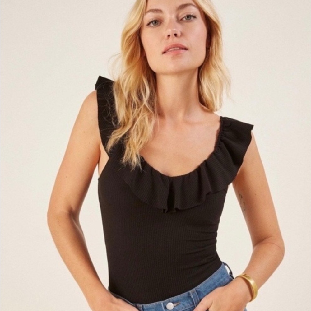 Reformation Black Roxanna Ruffle Neck Top